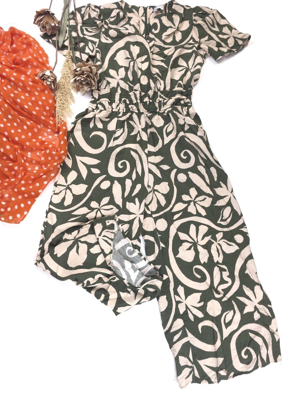 Women’s Green & Cream Printed Jumpsuit with Elastic Waist Sz S